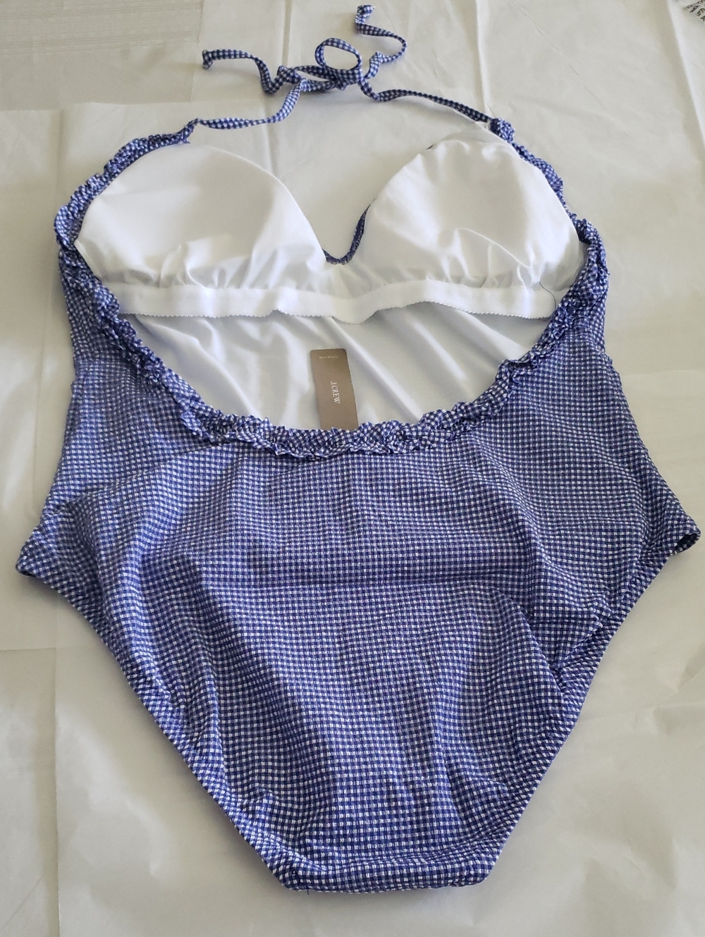 J. Crew NEW Blue Ruffle Halter Gingham One-Piece Swimsuit Women's 14 - Picture 4 of 12